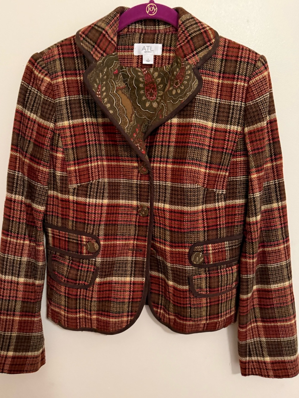 Plaid Tailored Blazer in Red & Brown with Paisley Collar - Picture 5 of 8